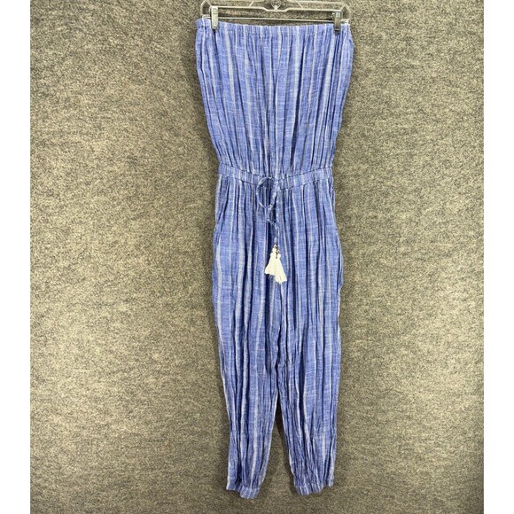 Blue Island Jumpsuit Women S Small Blue Striped Drawstring Strapless Rayon - Picture 1 of 6